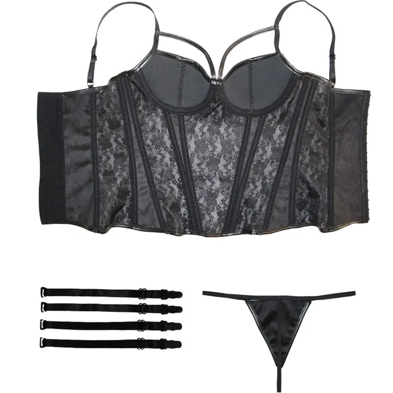 

Sladuo Black PU Leather&Lace Straps Push Up Overbust Corsets And Bustiers Waist Shaper Slimming Gothic Steampunk Corset