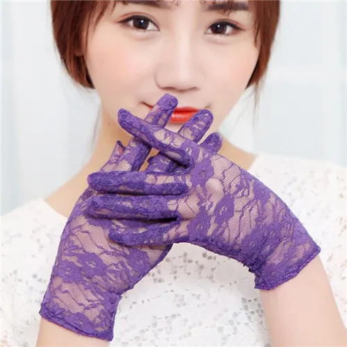 purple Сексуальные нарядные перчатки женские прозрачные кружевные цветочные перчатки женские полный палец солнцезащитные ажурные ганты Свадебные Вечерние - Цвет: purple