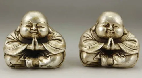 A Pair of Chinese Old White Copper Handwork Carving Favorite Buddha Monk Statues.