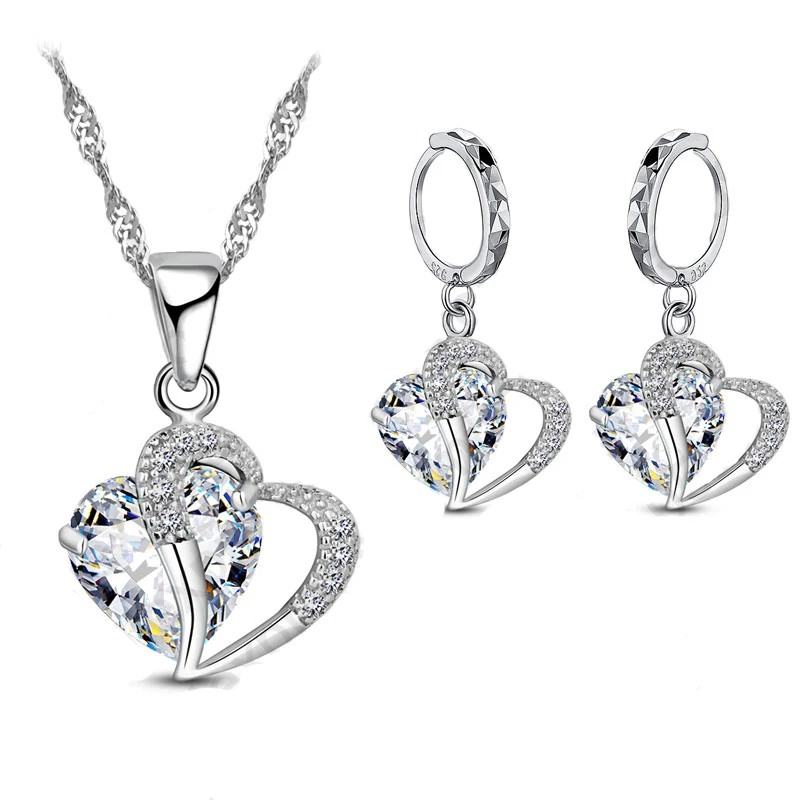 Genuine 925 Sterling Silver Fashion Jewelry Set Sweet Heart Shape Clear Crystal Earring/Necklace/pendant Set for Women