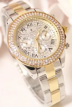 yellow gold silver Женские Роскошные модные стальные часы, мужские Кристальные стразы, женские часы, сверкающие блестящие часы с большим циферблатом, Брендовые Часы - Цвет: yellow gold silver
