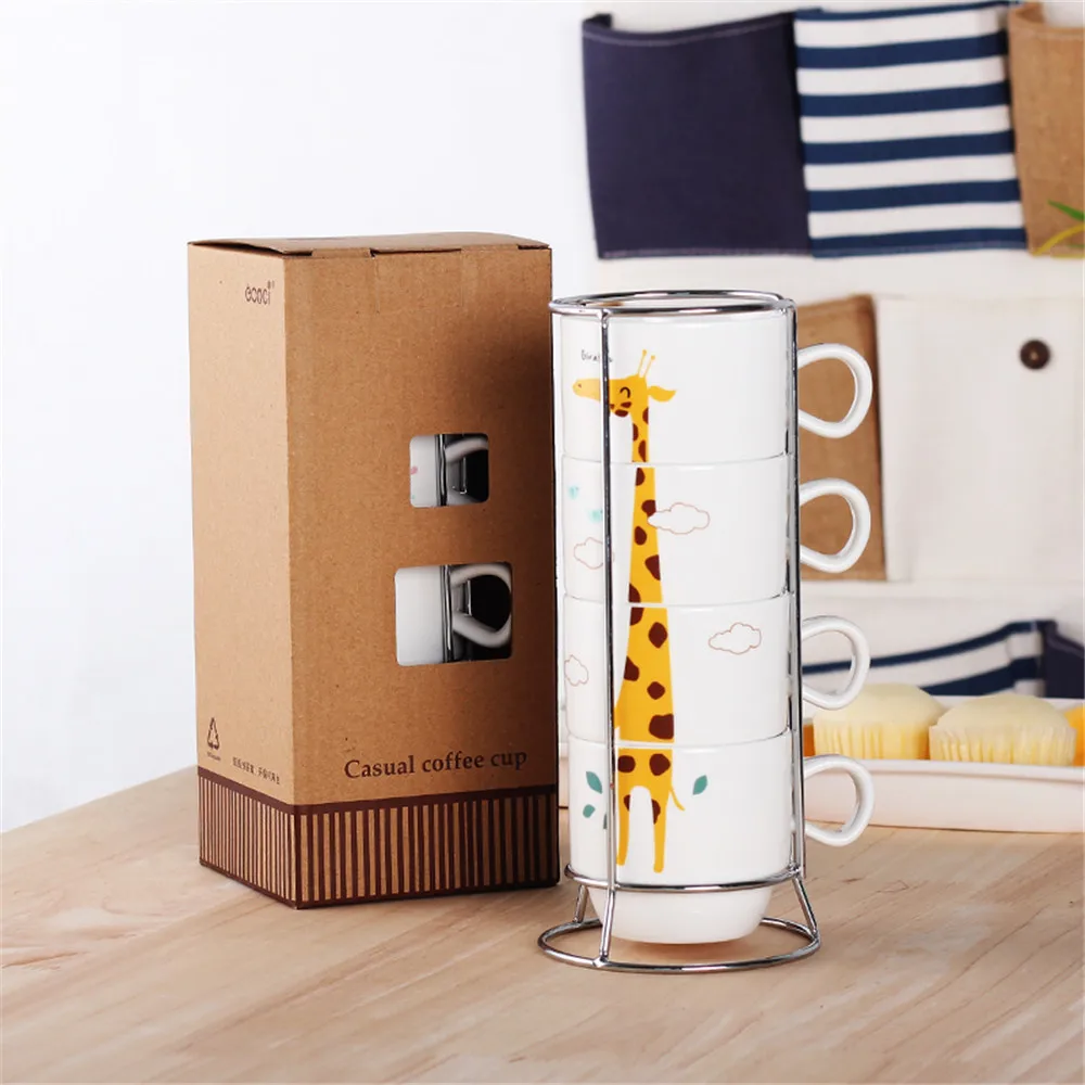 4 pcs just 150ml Stackable Cute Animal Cartoon Reusable Ceramic Office Coffee Mug Set with Chrome Stand for Tea Water and Milk | Дом и сад