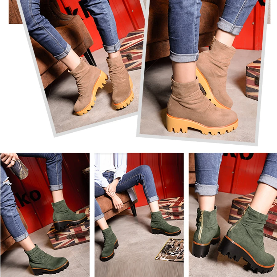 Замшевые женские ботинки ботильоны на не сужающемся книзу массивном каблуке 2018