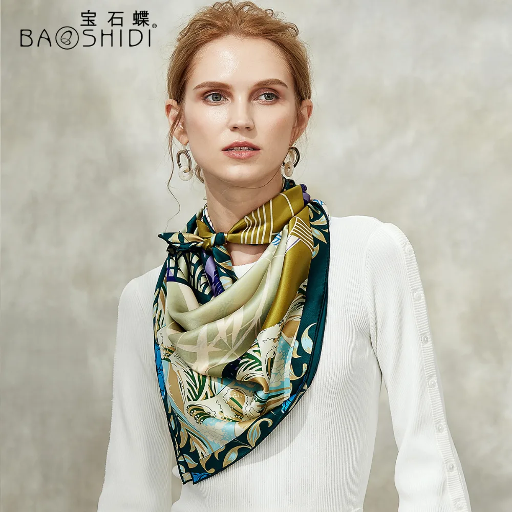 

[BAOSHIDI] 100% Silk Satin Scarf, Women Square Shawl, Screen Printing Female Scarfs,Elegant ladies scarves,Hand rolled scarf