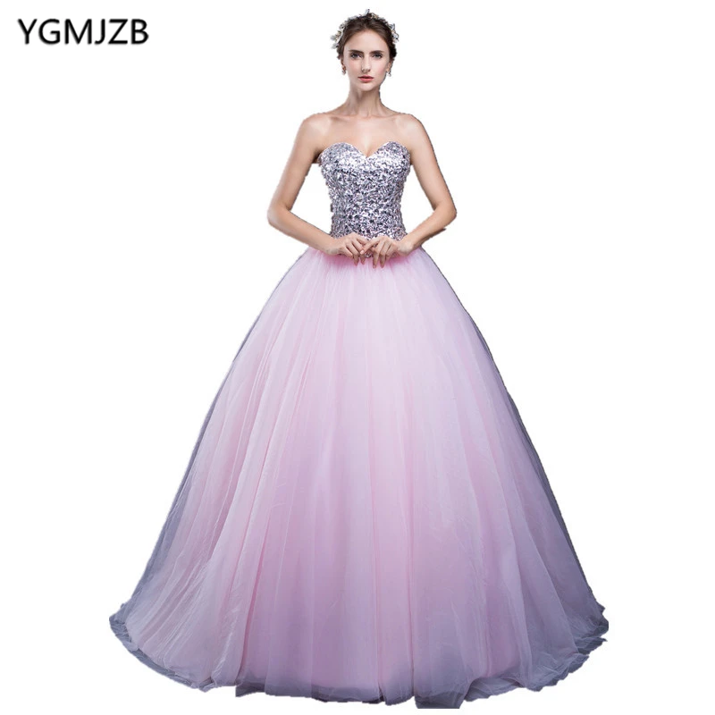 Женское бальное платье до пола розовое с блестящими кристаллами фатиновое для