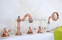 Antique Red Copper Bathroom Tub Faucet Deck Mounted W/ Hand Shower Sprayer 3 Handles 5 holes Ntf224