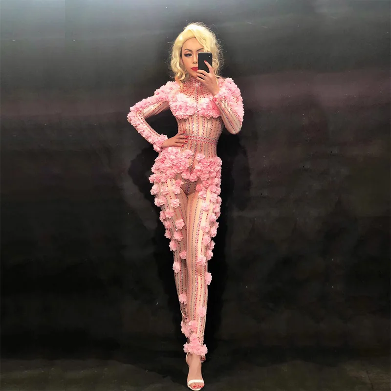 

DJ Pink Flower Crystals Bodysuit Costume One-piece Evening Outfits Celebrate Party Wear Singer Stage Performance Women Jumpsuit