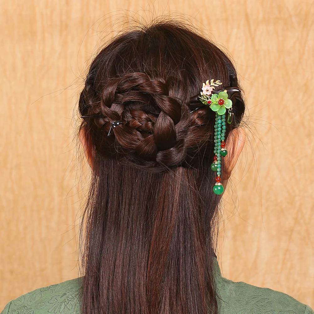 Ethnic Handmade Tassel Woman Hair Sticks Colored Glass Flower Leaves Pink Shell Green Red Stone Black And Ebony FZ-18126 | Украшения и