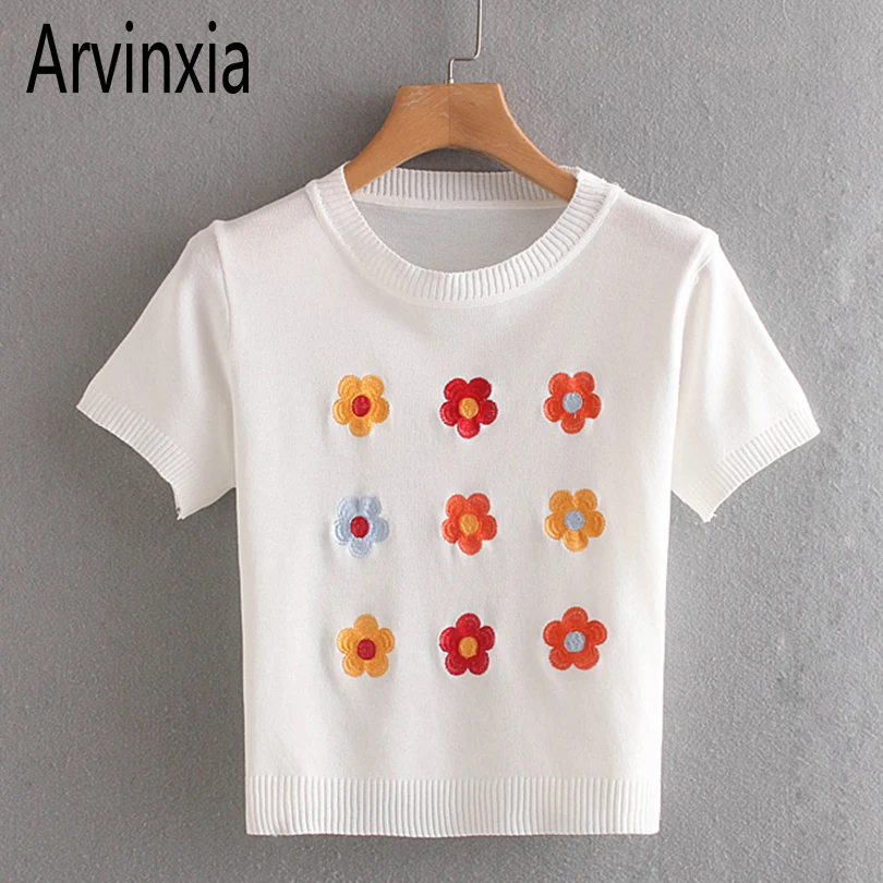 Arvinxia ZA шикарные однотонные трикотажные женские белые футболки с цветочной