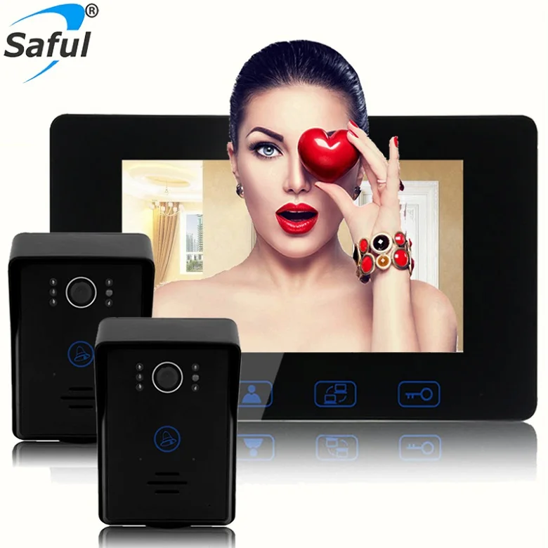 2V1 Black Saful 7 ''TFT lcd Проводной видео-телефон двери водонепроницаемый сенсорный ключ видеодомофон с ночным видением Электрический разблокированный дверной звонок для дома - Цвет: 2V1 Black