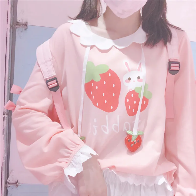 Клубничный узор свободные розовые Кофты для Kawaii Девушка с длинным рукавом