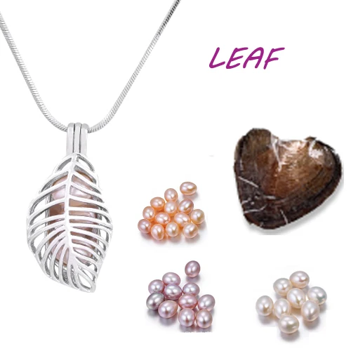 Кулон в виде листа с посеребренной клеткой красочными устричными жемчужинами