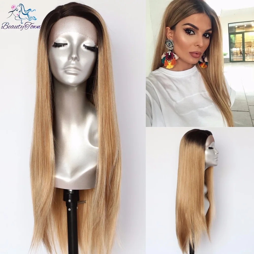 BeautyTown темный корень Ombre Розовый L кружевная часть ежедневный макияж прямые Термостойкие волосы для свадебной вечеринки синтетические парики на кружеве