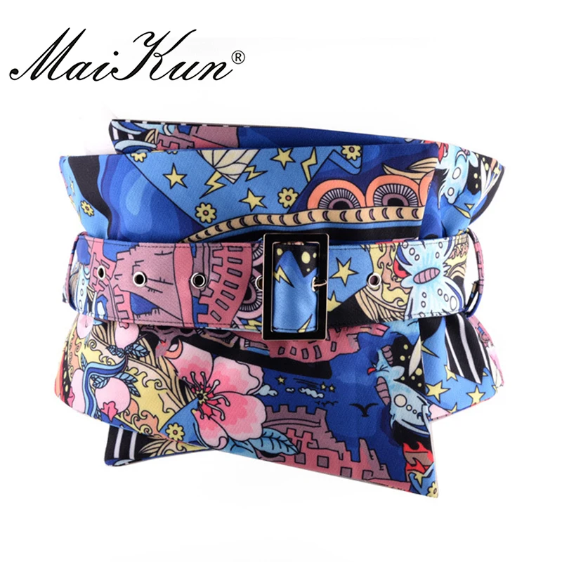 Luxury Flower Pattern Wide Belts for Women Dress Belts Wrap Around Fabric Waistband for Jeans Golden Buckle Clothing Accessory