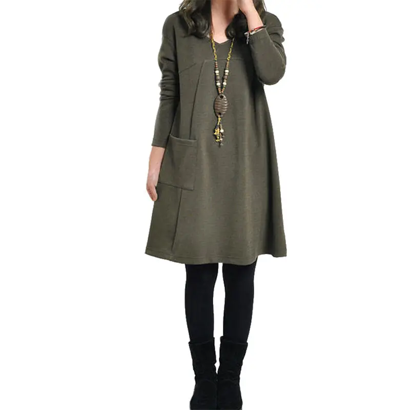 Женское платье с карманом однотонное длинным рукавом v образным вырезом