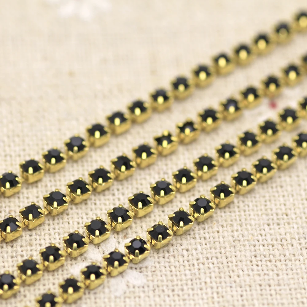 2 мм размера Однорядная черная цепочка со стразами Золотая основа ПРИШИТАЯ