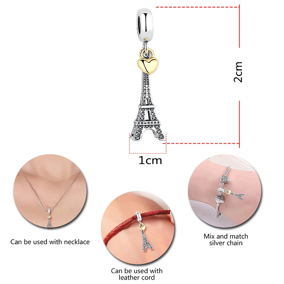Подвеска из серебра 925 пробы Эйфелева башня снежинка сердце золотая бусина