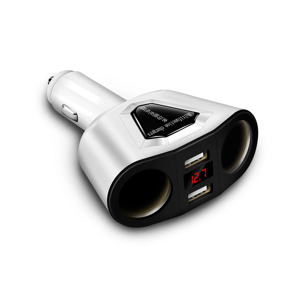 Onever 2 гнезда 12V разветвитель автомобильного прикуривателя 2 USB разъем питания адаптер вольтметр тока двойной USB Автомобильное зарядное устройство для iPhone - Название цвета: Белый
