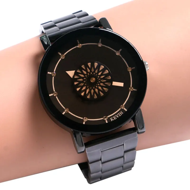 Женские кварцевые наручные часы KEVIN полностью черные из нержавеющей стали