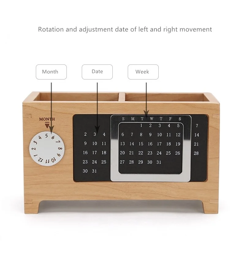 

Creative multifunctional wooden office desktop stationery storage box with calendar Home office supplies