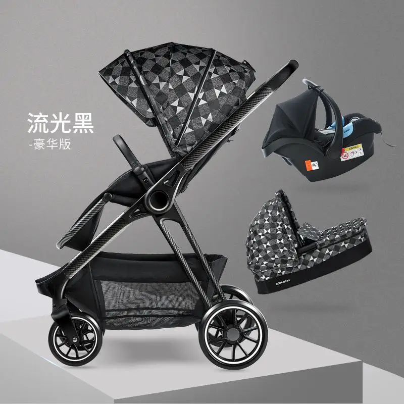 black 3 in 1 Роскошная детская коляска с высоким пейзажем, 3 в 1, детская коляска, двусторонняя переносная детская коляска - Цвет: black 3 in 1
