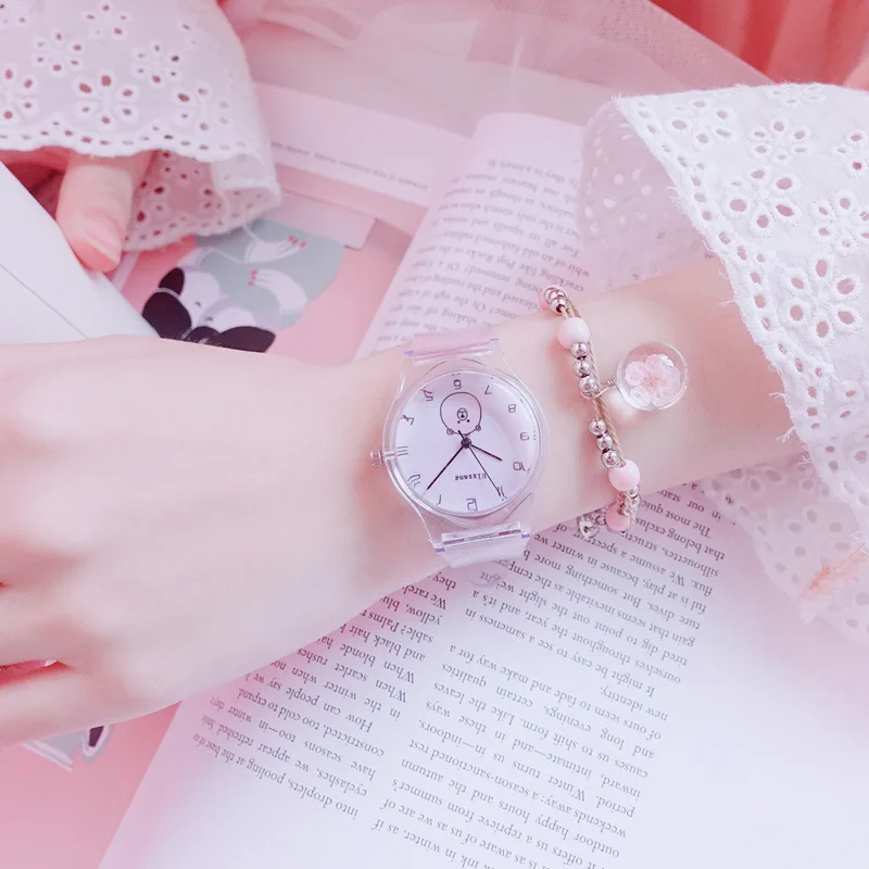 Женские прозрачные часы с милым мультяшным рисунком красивые кварцевые для
