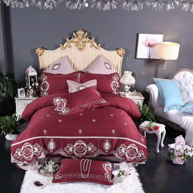 Роскошные 100 S/1000TC Египетский хлопок Королевская роза вышивка красный комплект