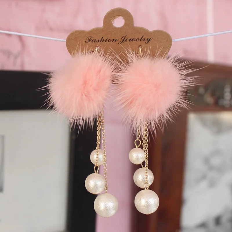 Free shipping Popular new products Hairball Plush Accessories Imitation pearls earrings for women long | Украшения и аксессуары