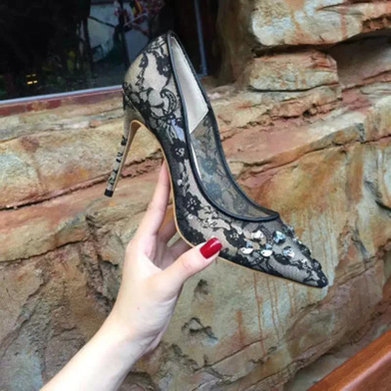 

Sexy Ladies Summer Black Lace Rhinestone Embellished Pumps Pointed Toe Female Beads Wedding Stilettos Slip on High Heels Woman