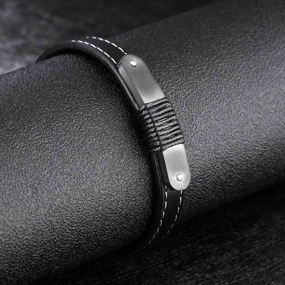 Черный плетеный кожаный мужской спортивный браслет из нержавеющей стали Ретро