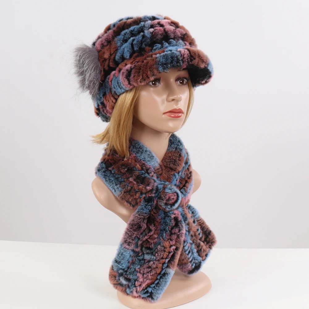 Женская вязаная натуральная шапка из меха кролика Рекс шарф наборы натуральная теплая шапка из меха кролика рекс шарфы Дамская Мода натуральный мех шапка глушитель