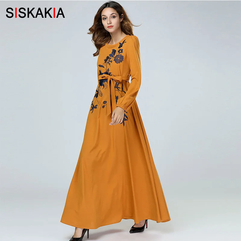 Siskakia, элегантные Этнические женские платья с цветочной вышивкой, осень, ТРАПЕЦИЕВИДНОЕ длинное платье макси, желтое, тонкое, высокая талия, Свинг, ОАЭ
