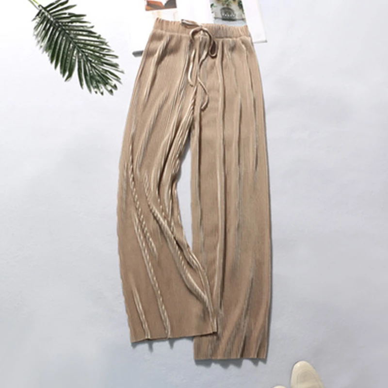 Женские брюки с высокой талией летние новые плиссированные однотонные девятью