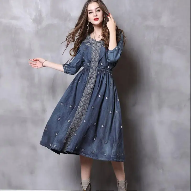 

Women's denim dress Embroidered vintage long dress female Five-point sleeve V-neck large swing dress