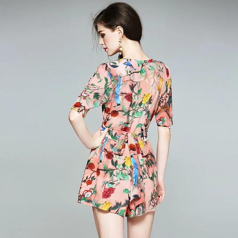 Criss-Cross Playsuits Women Jumpsuit Printed Lace Up Waist V-Neck Flare Sleeves Elegant Sexy Style New Fashion Design 2017 | Женская