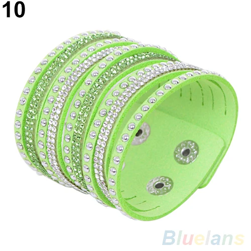 Light Green Женские многослойные заклепки стразы замша манжета браслет 1U29 - Окраска металла: Light Green