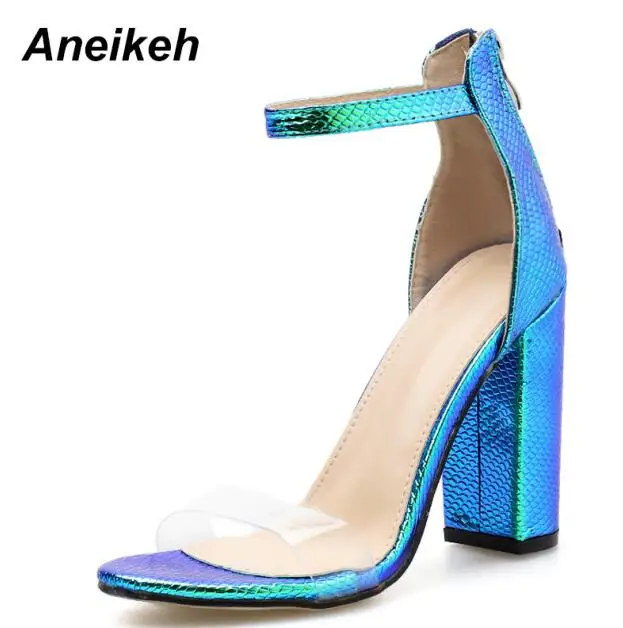 Blue Aneikeh/ г.; милые прозрачные летние босоножки из ПВХ; женская обувь на молнии с закрытой пяткой на высоком квадратном каблуке; Узкие вечерние офисные туфли; цвет синий, розовый - Цвет: Blue