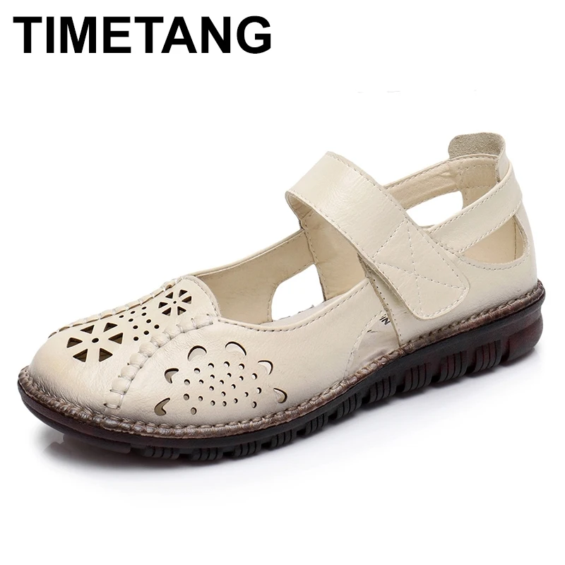 

TIMETANG Summer Shoes Woman Genuine Leather Soft Outsole Closed Toe Sandals Casual Flat Women Shoes New Fashion Women Sandals