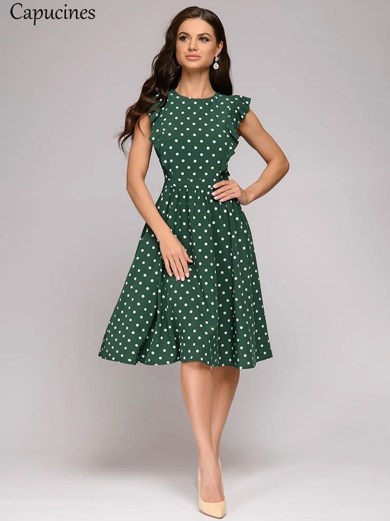 Capucines Summer Boho Floral Print Ruffle Trim A-Line Dress Women Cap Sleeve O-Neck Casual Dress Ladies Office Work Wear