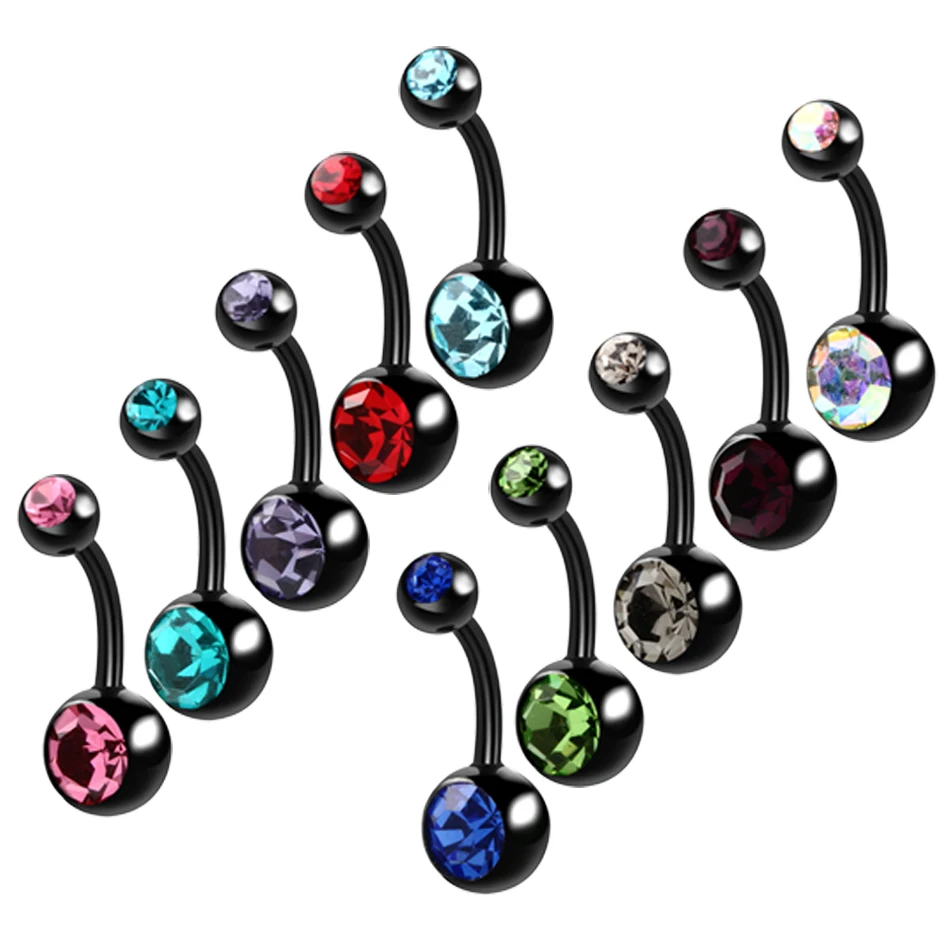 10PCS Steel Navel Bar Black Belly Button Rings Piercing Double Gem Ombligo Navel Piercing Dangel Earrings Sexy Piercing Jewelry