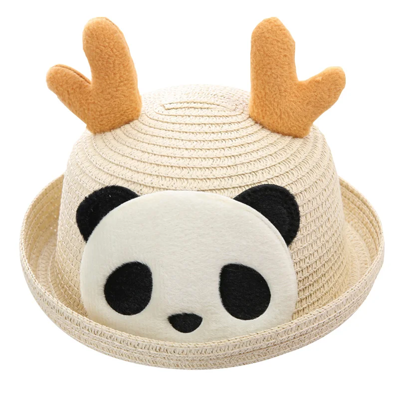beige panda Детские шляпы, летние Панамы для девочек, милые соломенные кепки с рисунком котенка для мальчиков, детские шляпы в стиле хип-хоп с изображением милого медведя для девочек - Цвет: beige panda
