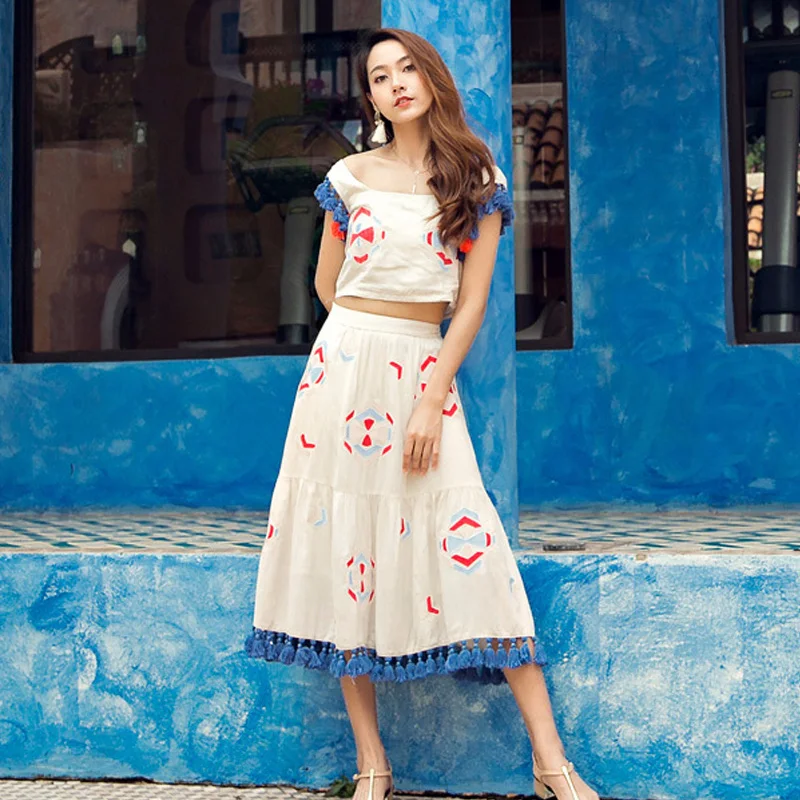 Женские юбки с вышивкой и кисточками комплект из двух предметов пляжный