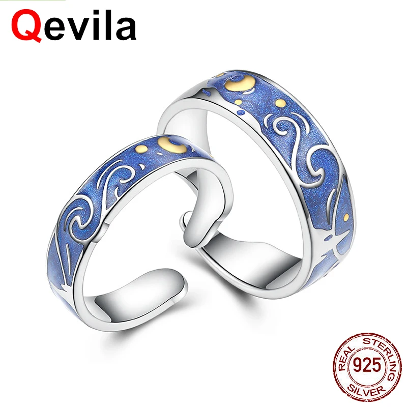 Qevila, кольцо для женщин, для мужчин, Ван Гог, 925 пробы, серебряное, золотое, кольцо с Луной, для мужчин, романтическое, подарок на день Святого Валентина, Открытое кольцо, готическое ювелирное изделие