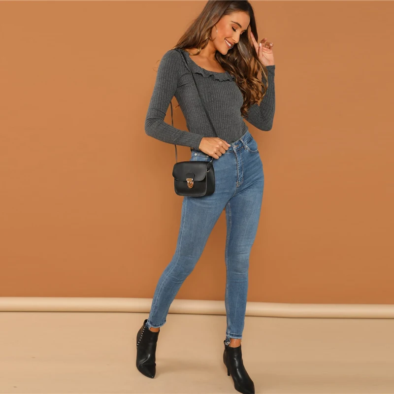 Dotfashion серая футболка с оборками и круглым вырезом, ребристая футболка с длинным рукавом, женские повседневные Осенние Топы, одежда, стиль, облегающая футболка