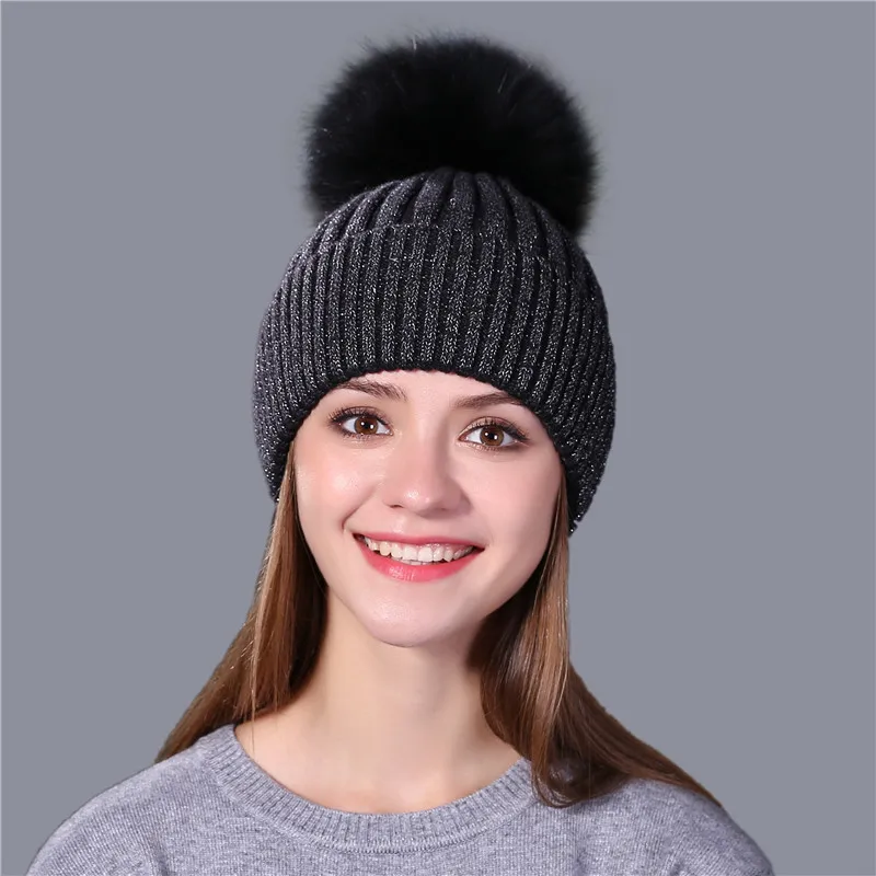 Вязаная шапка [Xthree] с лисьим мехом и помпонами Зимняя женская шапочки для девочек