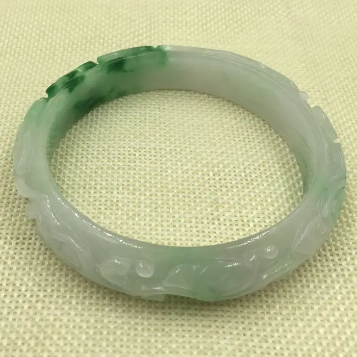 A-1578 Китайский Ручной резьбой Белый Зеленый Жадеит Нефрита Самоцветы Браслет 62 мм