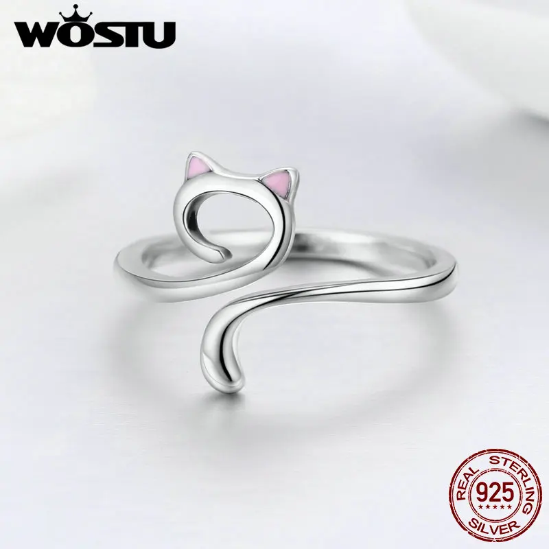 WOSTU однотонное кольцо из чистого 925 пробы серебра с милым котом для женщин и девочек, праздничная бижутерия с кольцами, подарок для девушки CQR341