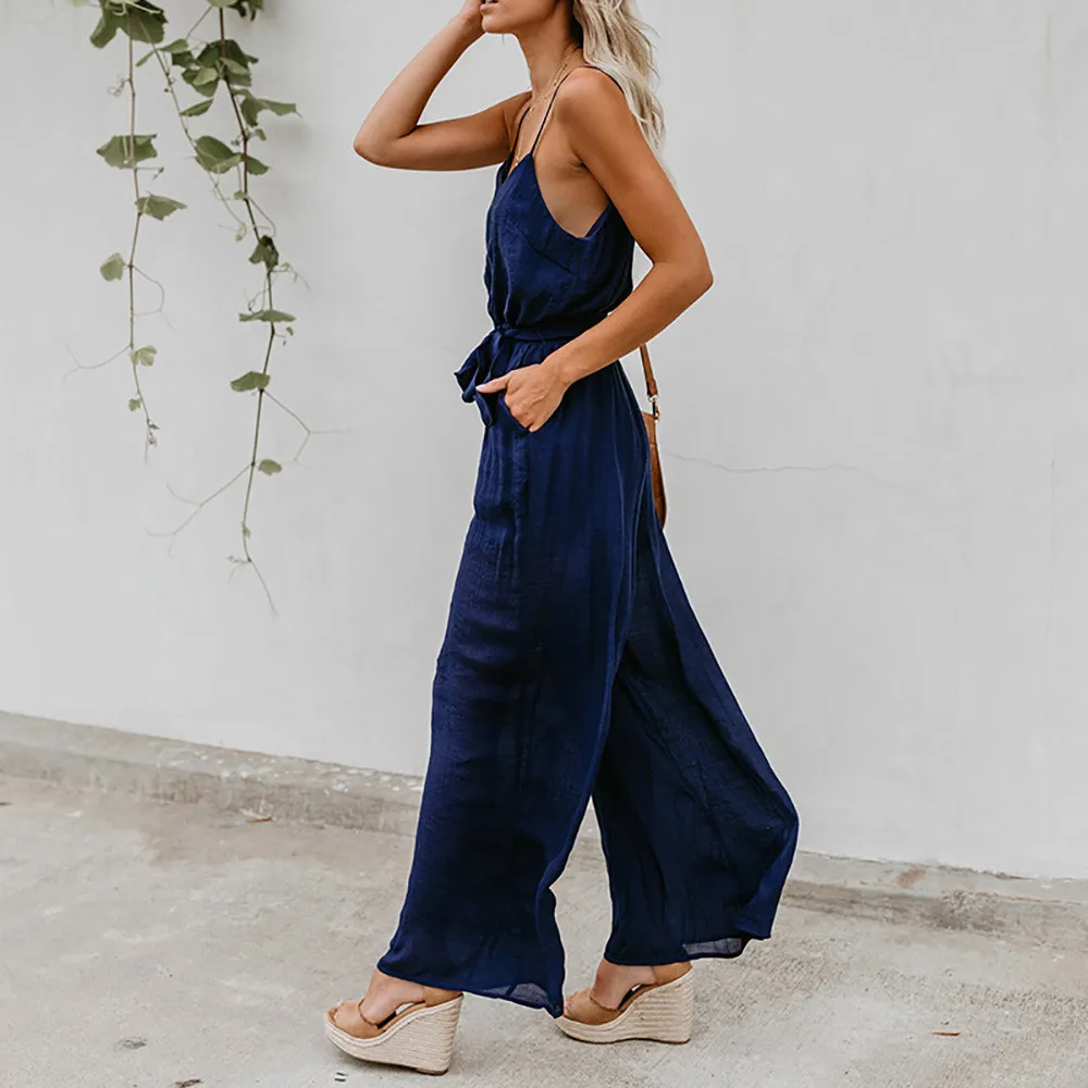 Free Ostrich Plunge Neck Belted Culotte Jumpsuit Women Deep V Neck Sexy Jumpsuit Clothes New Sleeveless Knot Summer Jumpsuit