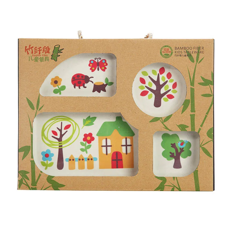 5 Pcs/Set Kid Bamboo Fiber Dinnerware Set Baby Plate Children Cartoon Separation Bowl Fork Spoon Cup Feeding Tableware | Дом и сад