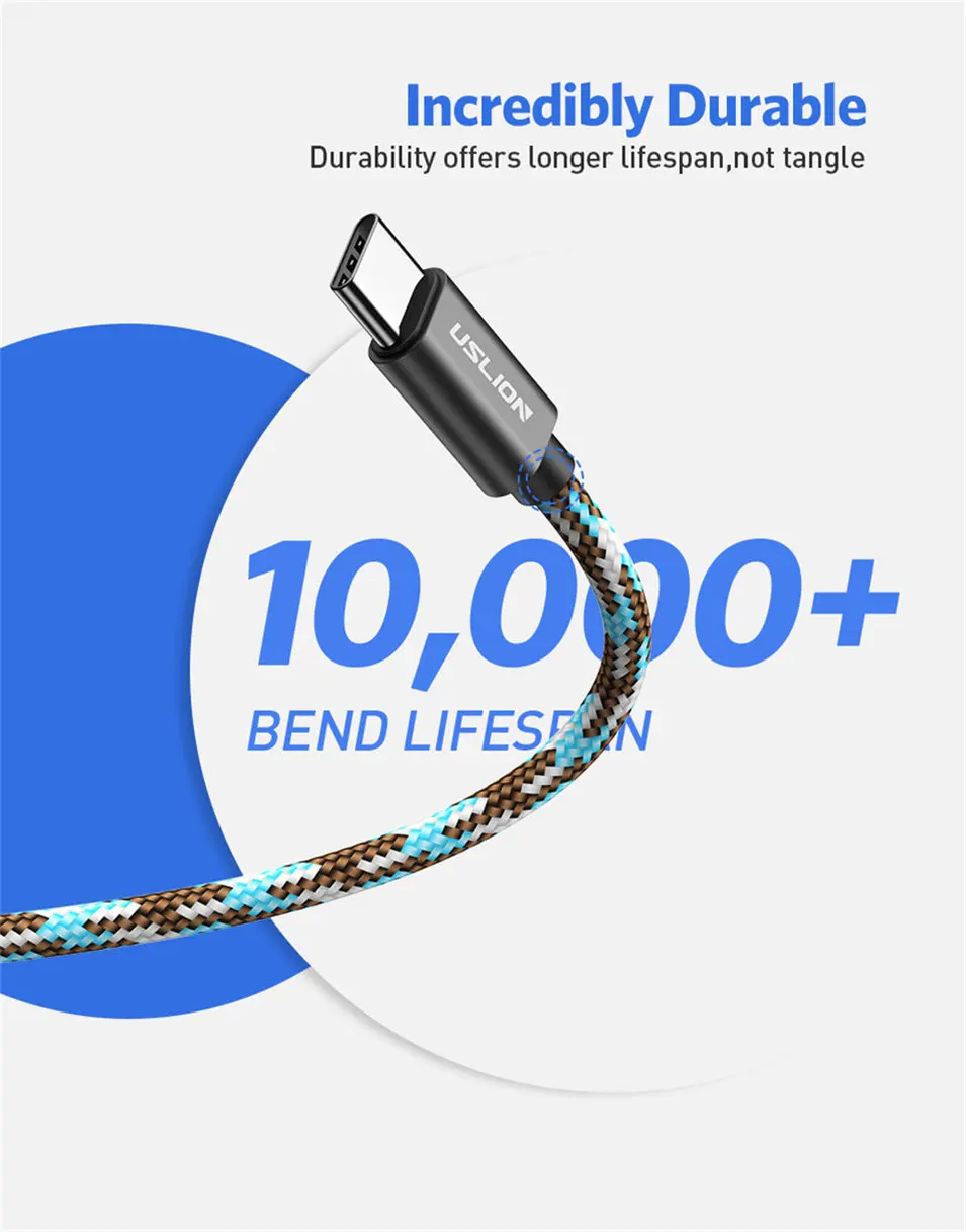 USLION Тип usb C кабель для huawei P20 samsung S9 USB C кабель для быстрой зарядки и передачи данных для Xiaomi Mi8 F1 Oneplus 6 NEX 5 T Тип-c Зарядное устройство